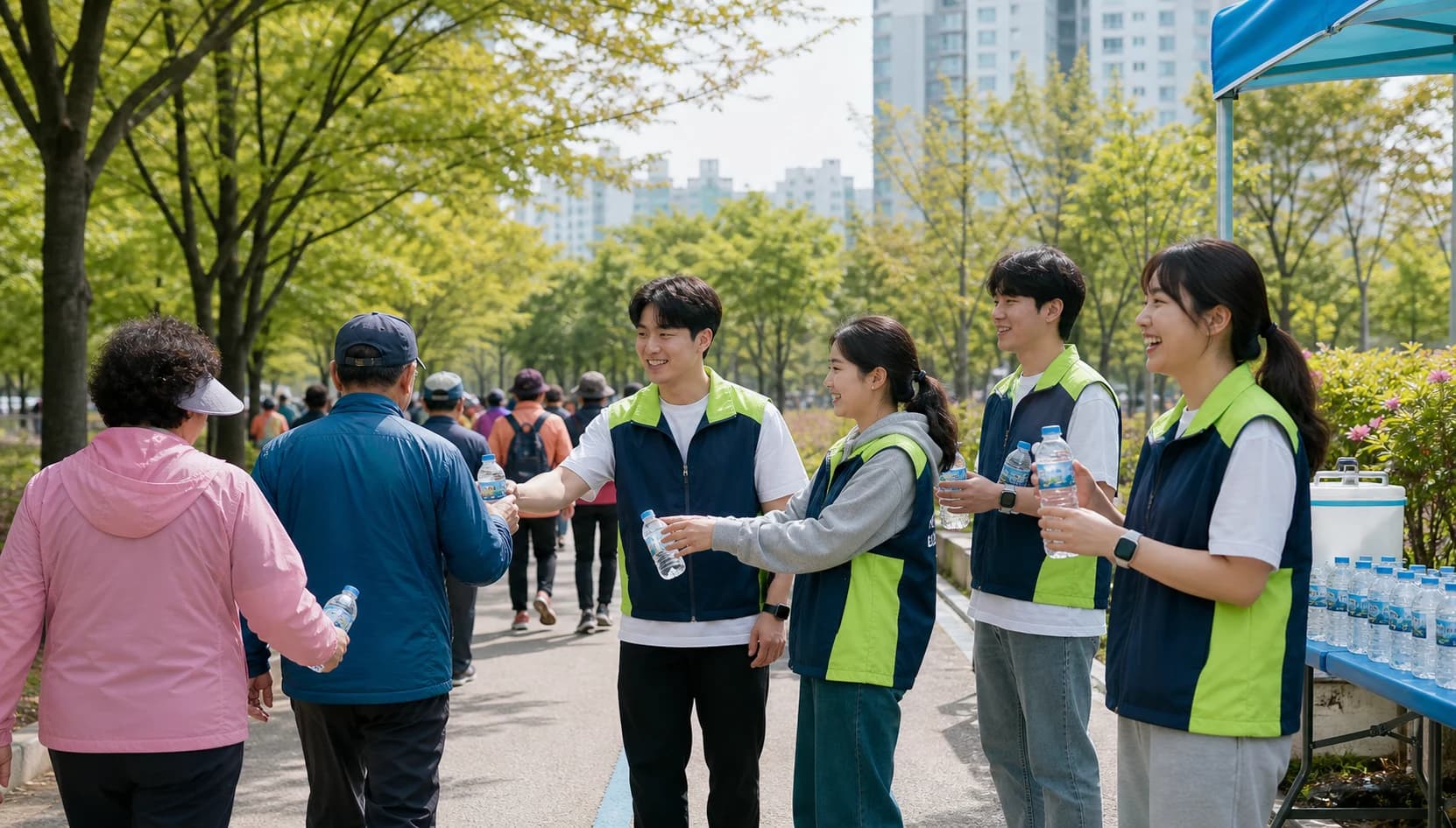 지역 걷기 행사에 참여한 대학생 스태프들